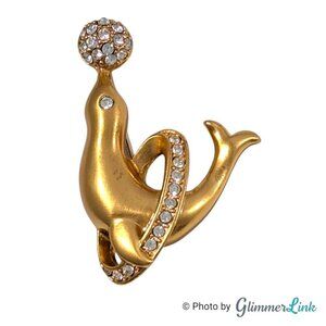 Vintage Napier Seal Jumping Through Hoop Pave Ball Gold Tone Brooch Pin